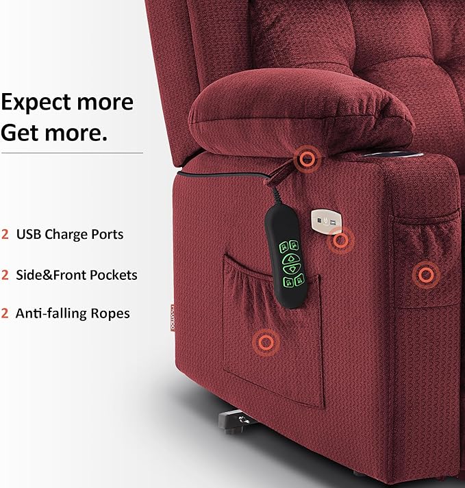 MCombo Medium Triple Motor Power Lift Recliner Chair with Massage and Heat for Elderly People, Adjustable Headrest, Infinite Position, USB Ports, Fabric 7661 (Burgundy, Medium)