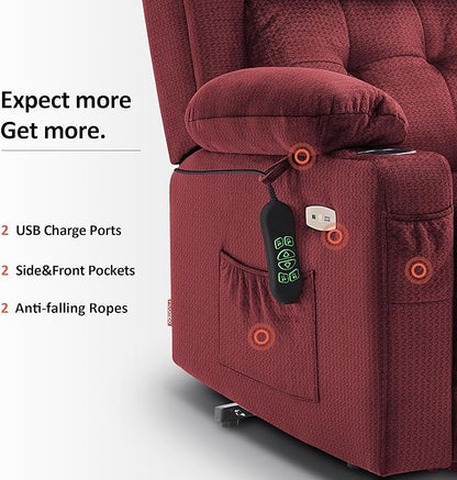 MCombo Medium Triple Motor Power Lift Recliner Chair with Massage and Heat for Elderly People, Adjustable Headrest, Infinite Position, USB Ports, Fabric 7661 (Burgundy, Medium)