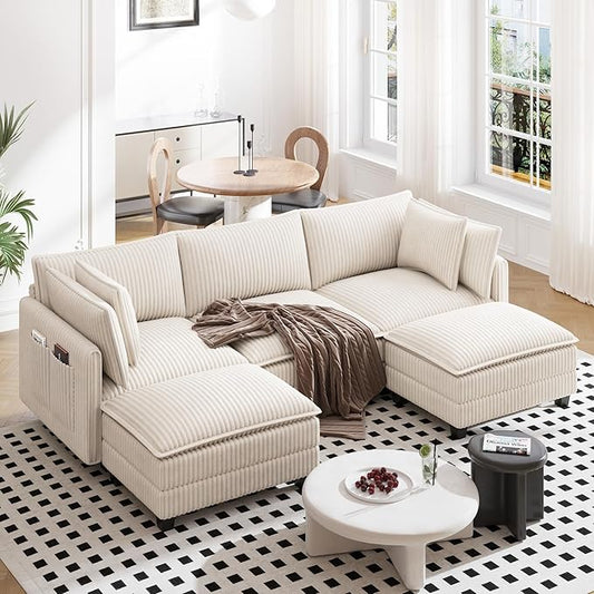 Vesgantti 109" U Shaped Cloud Sectional Sofa, Comfy Corduroy Upholstered Sectional Modular Sofas for Living Room, Modern Modular Couch with 2 Ottoman Deep Seat, Beige