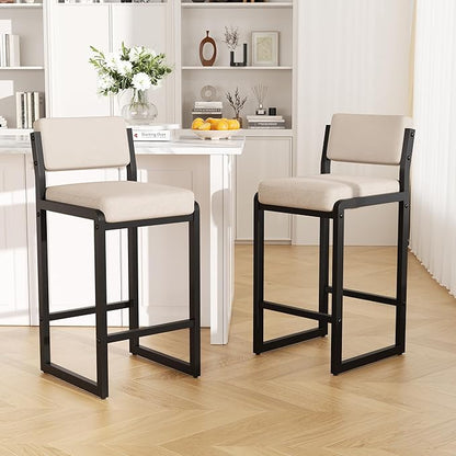 Bar Stools Set of 3, Fabric Counter Height Bar Stools with High Back and Metal Legs, Upholstered Bar Chairs, 26 in Height Modern Barstools for Kitchen Island, Camel
