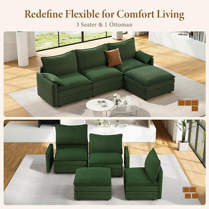 Vesgantti 108" Modular Sectional Sofa, Comfy Cloud Couch with Movable Ottoman Deep Seat Chenille L Shaped Modular Sofa, Sectional Couches for Living Room, Bedroom and Apartment, Green