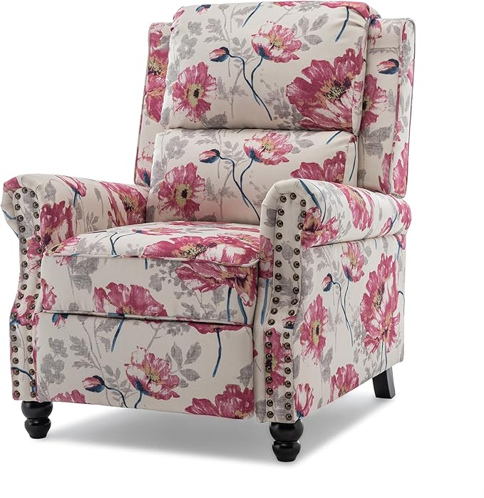 Pushback Recliner Chairs Set of 2, Upholstered Armchair Wingback Recliner Chair, Floral Fabric Push Back Recliner with Wood Legs, Rivet Trim Single Sofa Accent Chair for Living Room, Pattern White