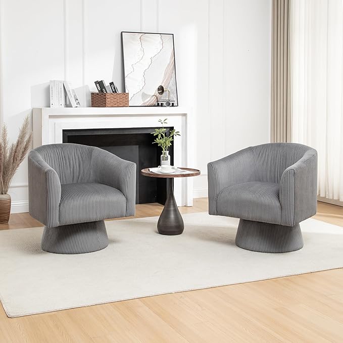 Swivel Accent Chair Set of 2, Modern 360° Swivel Barrel Chair, Corduroy Upholstered Single Sofa for Living Room, Bedroom(Gray)