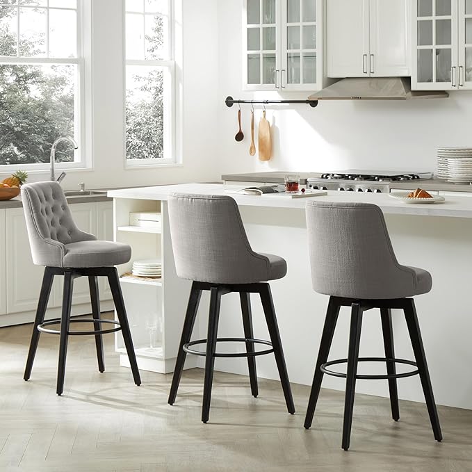 Watson & Whitely Bar Stools, 360° Swivel Upholstered Bar Stool with Back, 30" H Bar Height Barstools, Set of 2, Performance Fabric in Flint Grey