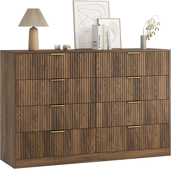 3-Piece Modern Bedroom Furniture Set, Wide 8-Drawer Dresser & 2-Drawer Nightstands Set of 2, Natural Wood Dresser and Nightstand Sets for Bedroom, Hallway, Walnut