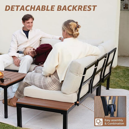 NATURAL EXPRESSIONS Patio Furniture Sets, Metal Outdoor Sectional L Shape Corner Sofa Outdoor Couch with Detachable Backrest,3 Fauxwood Tables,Black Frame,Beige Olefin Cushions for Yard,Garden