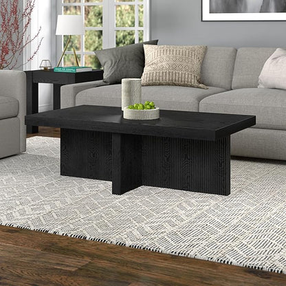 Henn&Hart 44" Fluted Rectangular Wood Pedestal Low-Profile Coffee Table for Living Room, Family Room or Office, Black Grain