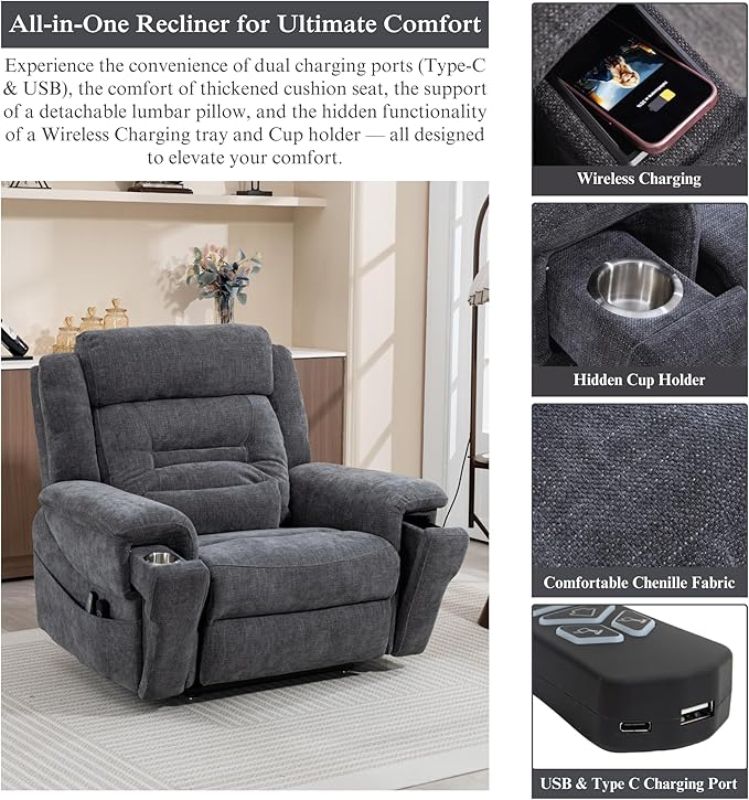 Big Man Power Lift Recliner for Elderly Adults 28 Inch Wide Seat, Oversized Recliner 400 lbs with Heat Massage, Lay Flat Recliner Chair Cup Holder & Wireless Phone Charger, USB Type C Charging
