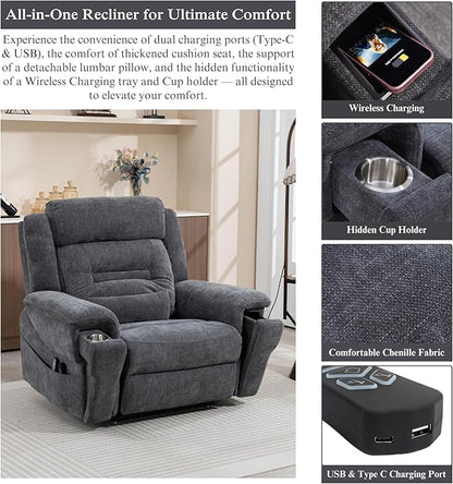Big Man Power Lift Recliner for Elderly Adults 28 Inch Wide Seat, Oversized Recliner 400 lbs with Heat Massage, Lay Flat Recliner Chair Cup Holder & Wireless Phone Charger, USB Type C Charging
