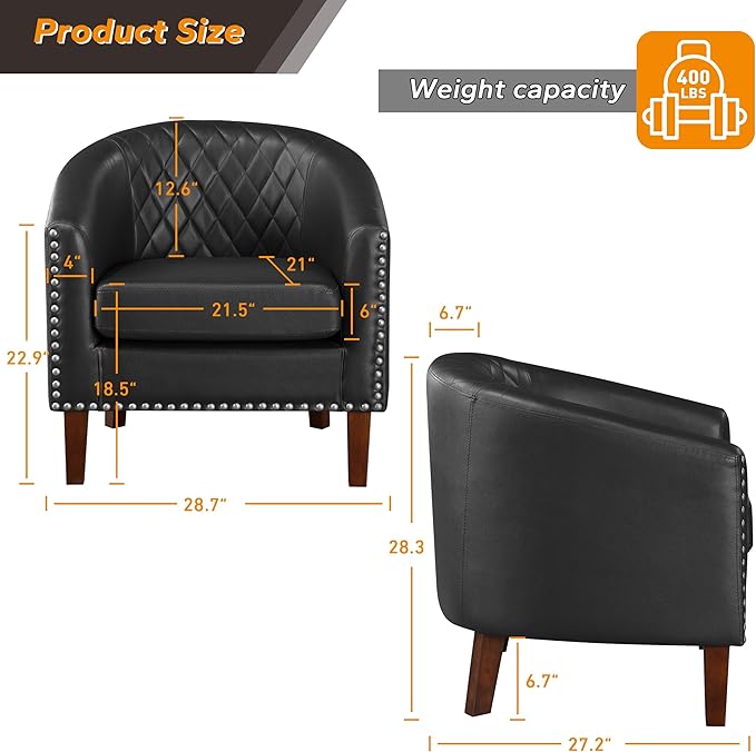 Prilinex Comfy Barrel Accent Chair - Faux Leather Living Room Chair Club Chair with Cushion, Diamond Grid Backrest & Nailhead Trim, Guest Chair for Office, Bedroom & Waiting Room, Black