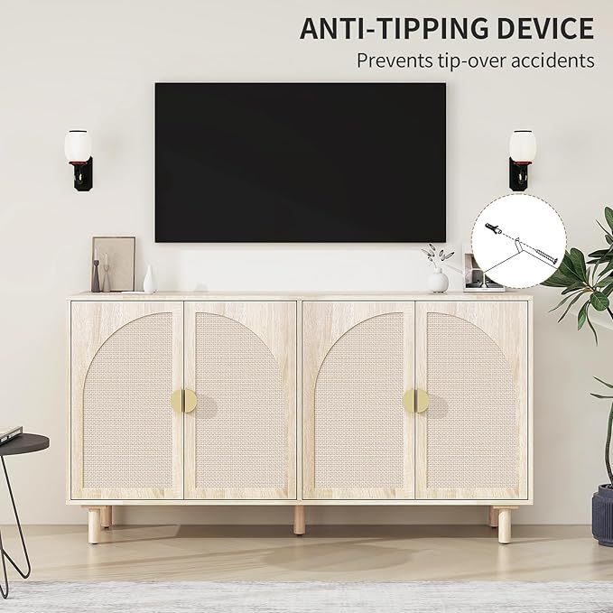 Beige Rattan 4-Door Buffet Cabinet - Boho Style Sideboard with Storage for Dining & Living Room