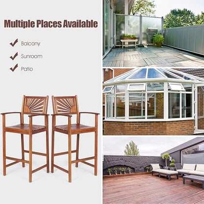 COSTWAY Bar Stools Set of 4, Outdoor Acacia Wood Bar Chairs with Sunflower Backrest, Curved Armrests & Breathable Seat, Ideal for Balcony, Sunroom, Patio, Easy Assembly