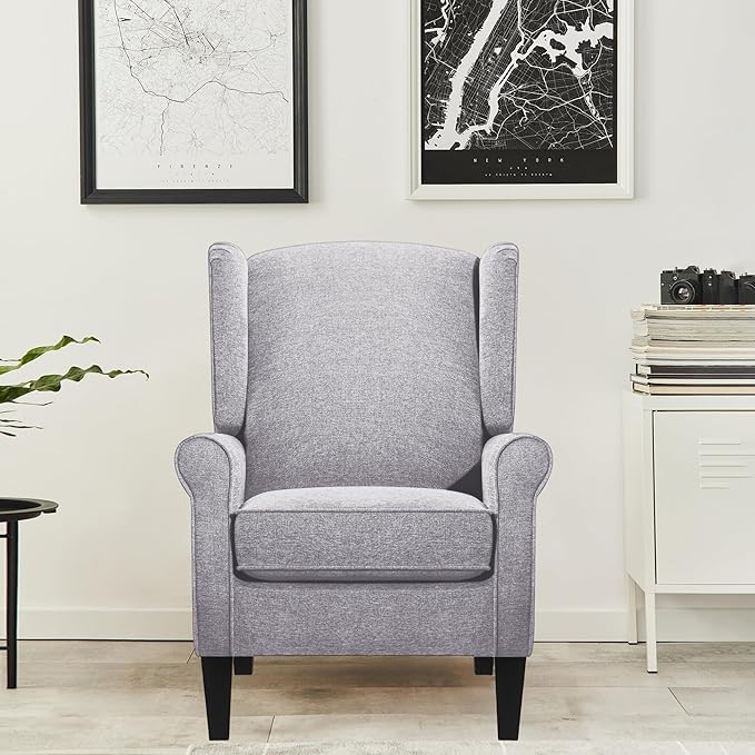 Accent Chair, Light Grey Bedroom Upholstered Armchair in Fabric, Modern Living Room Chairs with Wingback, Business Single Sofa Seat for Office, Sillones para Sala