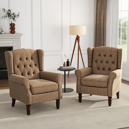 UIXE High Back Accent Chair, Fabric Upholstered Armchair Retro Wingback Arm Chair for Living Room, Comfy Single Sofa Bedroom Retro Reading Seat with Solid Wood Legs - Brown