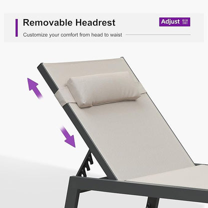 PURPLE LEAF Outdoor Oversized Lounge Chair Set of 3 Patio Chaise Pool Lounger Aluminum Frame with Side Table and Wheels for Outside Sunbathing Tanning Recliner Including Pillows Beige