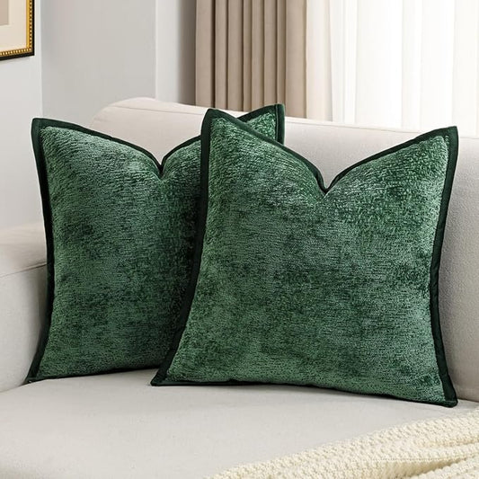 FUTEI Christmas Dark Green Chenille Throw Pillow Covers 18x18 Inch Set of 2,Soft Cozy Bound Edge Design Cushion Case,Home Decor for Couch Bed Living Room
