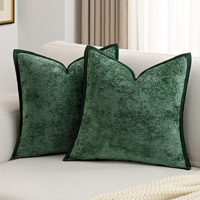 FUTEI Christmas Dark Green Chenille Throw Pillow Covers 16x16 Inch Set of 2,Soft Cozy Bound Edge Design Cushion Case,Home Decor for Couch Bed Living Room