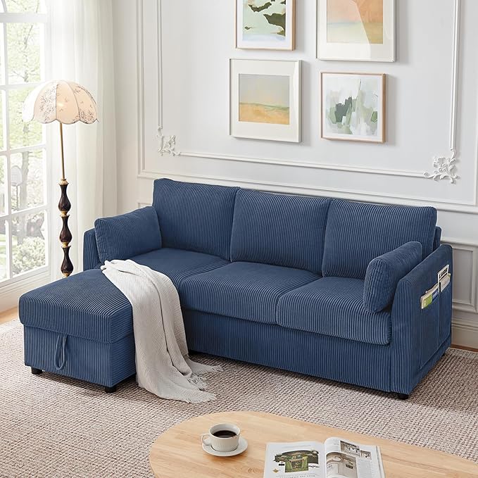 Corduroy Storage Ottoman for Living Room Sofas Couches, Square Ottoman with Storage Space Foot Rest Stool for Apartment, Dorm, Entryway, Navy Blue