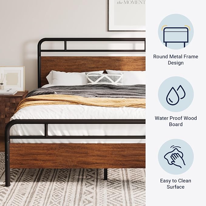 Allewie Queen Size Platform Bed Frame with Wooden Headboard and Footboard, Heavy Duty 13 Metal Slats Support, Under-Bed Storage, No Box Spring Needed, Noise Free, Easy Assembly, Walnut