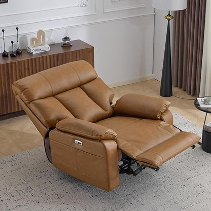 AEDI 450lbs Genuine Leather Power Recliner Chair for Big and Tall Adults Oversized Electric Reclining Sofa for Living Room,Extra Wide 27" Seat,USB Charging(Top Grain Leather,Camel)
