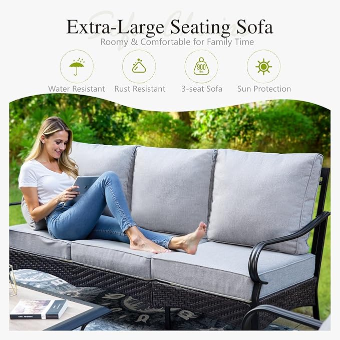 Sophia & William Patio Furniture Set with Fire Pit Table, 4PCS Metal Outdoor Conversation Set with Fire Pit Table, 2 Swivel Chairs,1 Loveseat,3-Seater Couch for Outdoor Seating,Backyard,Porch(Grey)