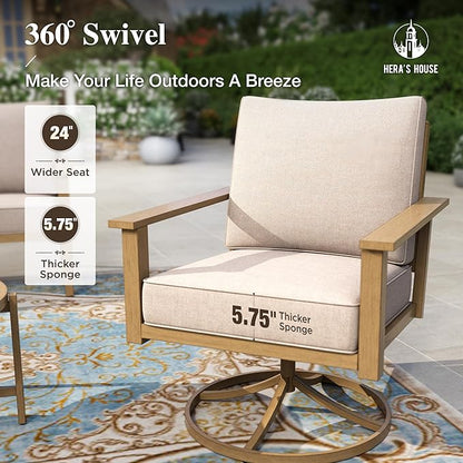 HERA'S HOUSE Patio Furniture Set 5-Piece, Metal Outdoor Conversation Set with Wood Grain Finish, 2 x Swivel Chair, 1 x 3-Seat Sofa, 2 x Multi-Functional Coffee Table for Garden Deck Backyard