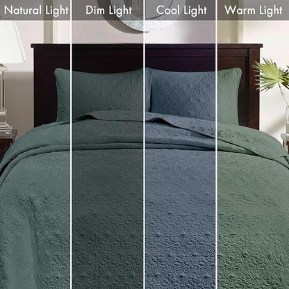 Madison Park King Bedspread Set Reversible Damask Quilted Oversized Coverlet, Cotton-Filled Quilts Oversized, All Season, Lofty & Warm Bedspread, Quebec, Balsam Green 3 Piece