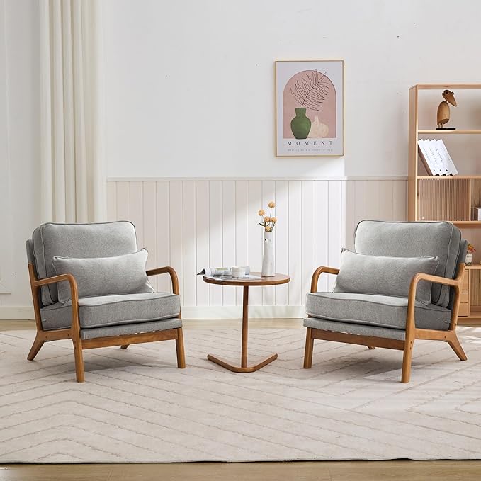 Mid-Century Accent Chair,Linen Fabric Lounge Chair with Wide Armrest,Linen Fabric Armchair withLumbar Pillow & Solid Wood Frame for Living Room, Bedroom, Balcony(Light Gray)