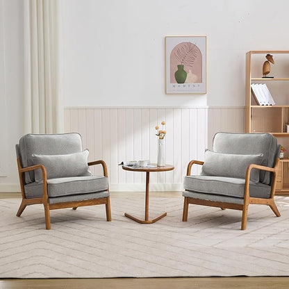 Mid-Century Accent Chair,Linen Fabric Lounge Chair with Wide Armrest,Linen Fabric Armchair withLumbar Pillow & Solid Wood Frame for Living Room, Bedroom, Balcony(Light Gray)
