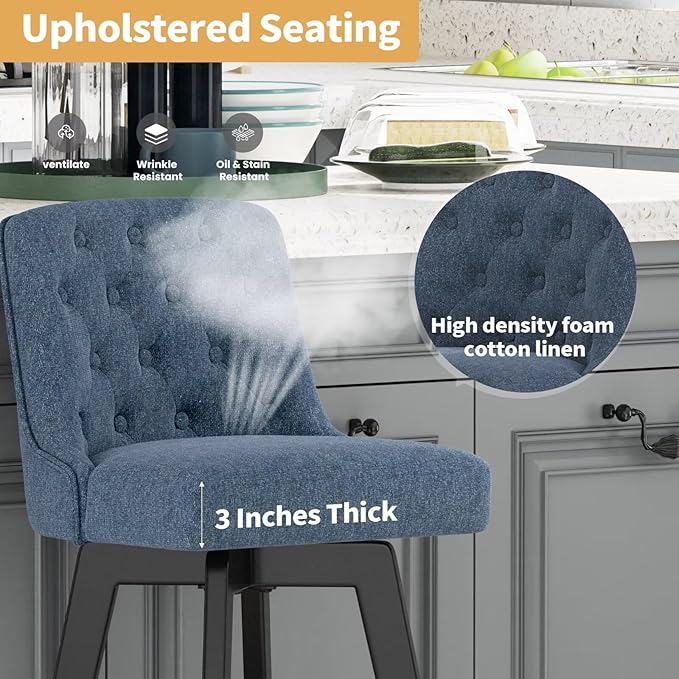 MINCETA Bar Stool, 30 Inch Upholstered Barstool with Low Tufted Back and Footrest, Swivel Counter Height Barstool for Kitchen Island Home Bar Performance Fabric Navy Blue