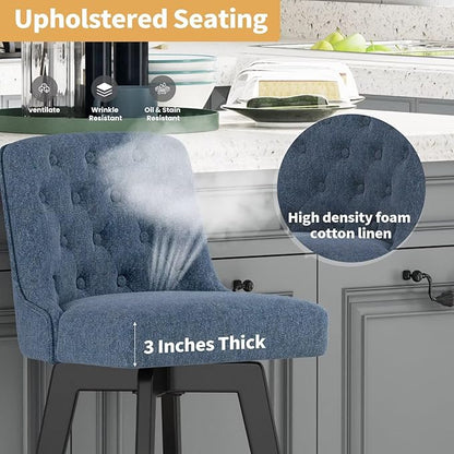 MINCETA Bar Stool, 30 Inch Upholstered Barstool with Low Tufted Back and Footrest, Swivel Counter Height Barstool for Kitchen Island Home Bar Performance Fabric Navy Blue