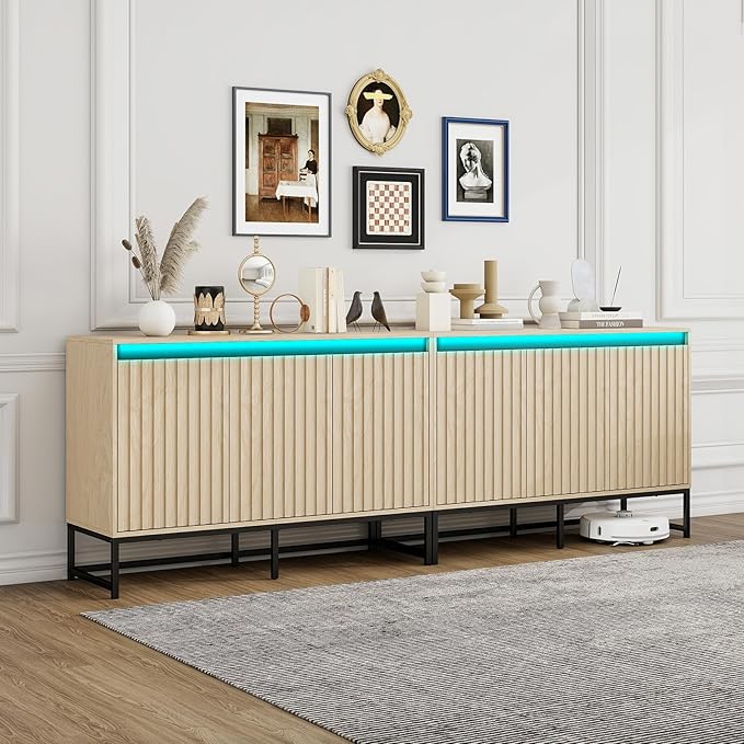 Fluted Sideboard Buffet Cabinet with Storage Wood Storage Cabinet with Doors and Adjustable Shelves LED Light, Modern Credenza for Kitchen, Dining Room, Living Room, Entryway (59" Oak, 1)