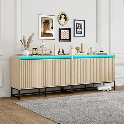 Fluted Sideboard Buffet Cabinet with Storage Wood Storage Cabinet with Doors and Adjustable Shelves LED Light, Modern Credenza for Kitchen, Dining Room, Living Room, Entryway (59" Oak, 1)