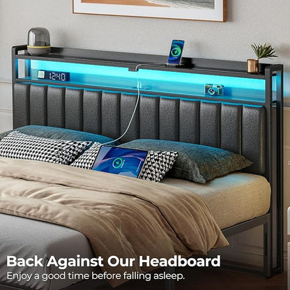 Rolanstar Headboard for King Size Bed with Storage, 60,000 DIY Color of LED Light, Head Board with USB & Type C Port, Height Adjustable, Black Upholstered Cabeceras de Cama Comfortable Modern, Leather