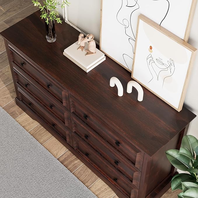 Farmhouse 6 Drawer Dresser for Bedroom, 54" Wide Wood Dresser with Natural Texture, Rustic Chest of Drawers for Bedroom with Vintage Metal Hands, for Living Room, Hallway, Cherry
