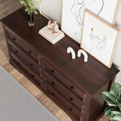 Farmhouse 6 Drawer Dresser for Bedroom, 54" Wide Wood Dresser with Natural Texture, Rustic Chest of Drawers for Bedroom with Vintage Metal Hands, for Living Room, Hallway, Cherry