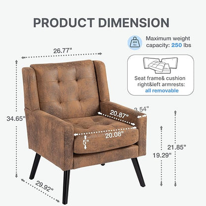 Mid-Century Modern Accent Chair Set of 2, Plush Suede Fabric with Button Tufted High Back & 5" Thick Cushion, High Comfort Reading Chair for Living Room, Bedroom, Office (Brown)