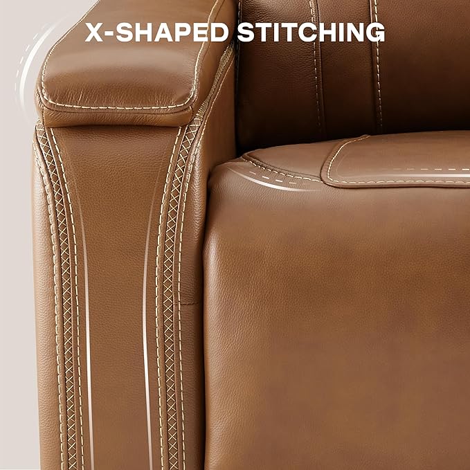 Watson & Whitely Oversized Lay Flat Recliner for Big and Tall, Genuine Leather Electric Recliner Chairs for Adults with Power Headrest & Chargers for Living Room, Saddle Brown