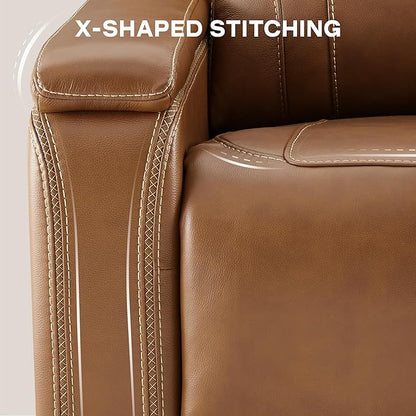 Watson & Whitely Oversized Lay Flat Recliner for Big and Tall, Genuine Leather Electric Recliner Chairs for Adults with Power Headrest & Chargers for Living Room, Saddle Brown