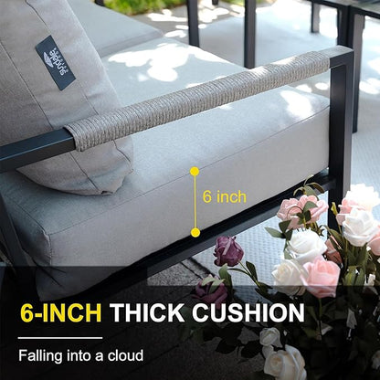 Metal Patio Furniture Set with 51inch Grey Fire Pit Table, 6-Piece Modern Outdoor Conversation Set with 6-Inch Thick Cushions, Outdoor Furniture Set for Garden, Backyard, Balcony, Poolside (Warm Grey)