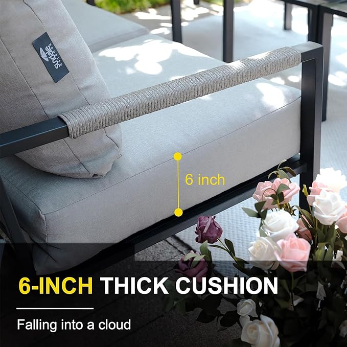 Sundale Outdoor 3 Pieces Patio Rattan Furniture Set, All-weather Metal Outdoor Conversation Set with 6 Inch Cushions and Coffee Table, Outdoor Sofa Set for Garden, Backyard, Porch, Balcony, Light Grey