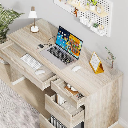 52 Inch Desk with 4 Drawers, Computer Desk with Storage File Cabinet for Bedroom, Small Office Desk with Storage for Small Space, White and Walnut