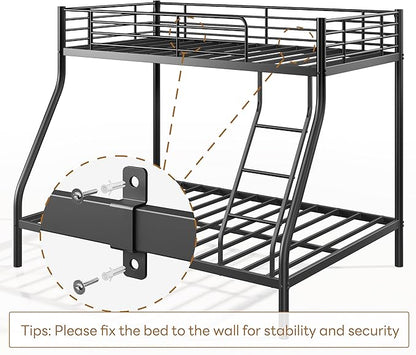 soges Metal Bunk Beds Twin Over Full Size with Ladder & Guardrail, Heavy Duty for Teens & Adults, Space Saving, No Box Spring Needed, Idea for Dorms & Small Rooms, Black