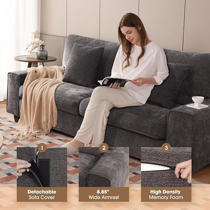 DOPEDIO Modern Loveseat Sofa for Living Room,Chenille Recliner, Removable Cover, Spring Cushions, Solid Wood Frame, Easy Assembly for Small Spaces (71.25inch，Dark Grey)