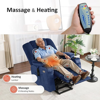MCombo Power Lift Recliner Chair with Massage and Heat for Elderly People, Cup Holders, USB Ports, Side Pockets, Fabric 7529 (Medium, Navy Blue)