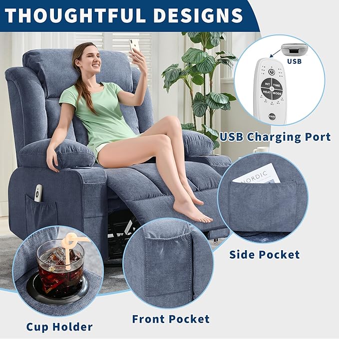 Rocking Recliner Chair with Heat and Massage, Nursery Recliner 360° Swivel Oversized Chairs for Adults, Lazy Boy Single Sofa Seat with 3 Positions, 2 Side Pockets, Cup Holders, and USB Ports, Blue