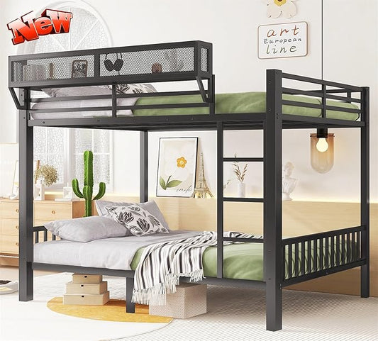Higher Quality & Stronger Heavy Duty Industrial Style Metal Queen Over Queen Bunk Bed, Thickened More Stable Black Steel Bunkbed Bunk Queen Bed (Easier to Assemble)