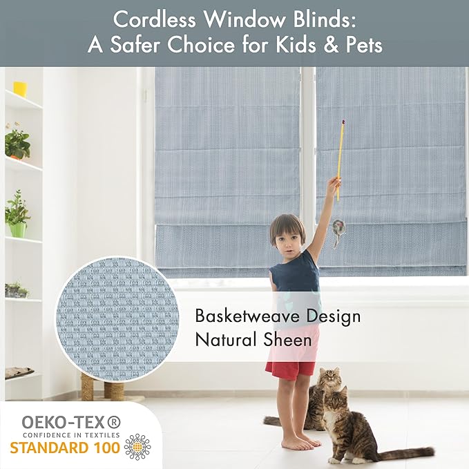 Madison Park Galen Cordless Roman Shade, 23"W x 64"H, Sheen Blue – Room Darkening, Thermal Insulated, Energy Efficient Window Blind with Subtle Sheen Basketweave Fabric for Privacy