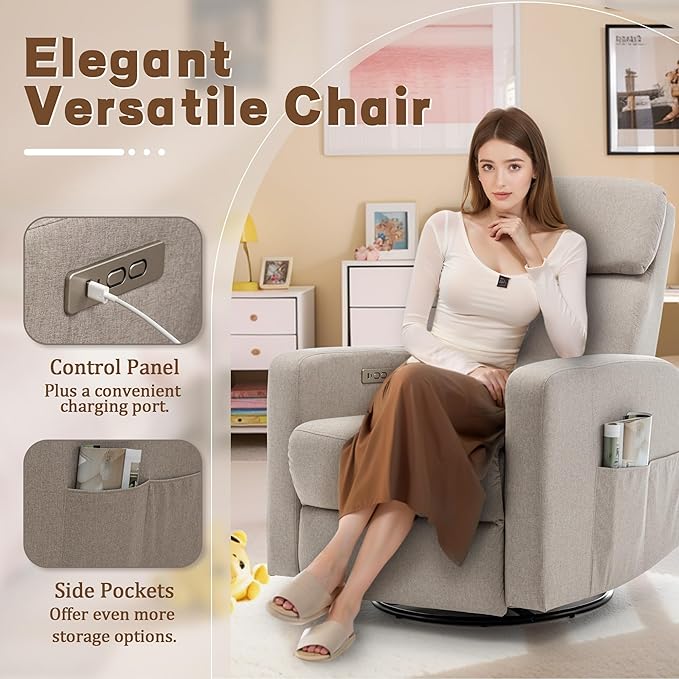 Power Swivel Recliner Chairs for Adults, Electric Glider Rocking Chair Nursery, Glider Recliner Nursery Chair with Classified Side Pocket, Nursery Rocking Chairs with USB and Type-C Ports