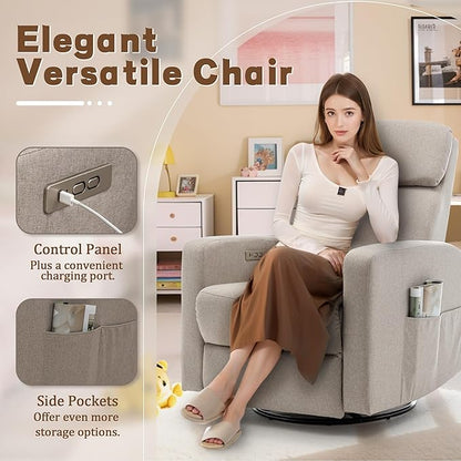 Power Swivel Recliner Chairs for Adults, Electric Glider Rocking Chair Nursery, Glider Recliner Nursery Chair with Classified Side Pocket, Nursery Rocking Chairs with USB and Type-C Ports